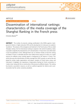 Dissemination of International Rankings: Characteristics of the Media Coverage of the Shanghai Ranking in the French Press ✉ Christine Barats1
