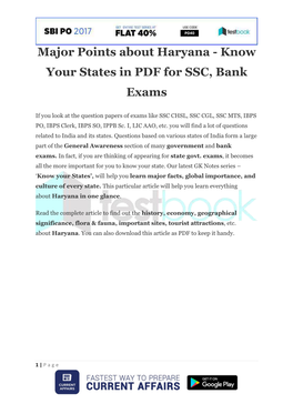Major Points About Haryana - Know Your States in PDF for SSC, Bank Exams