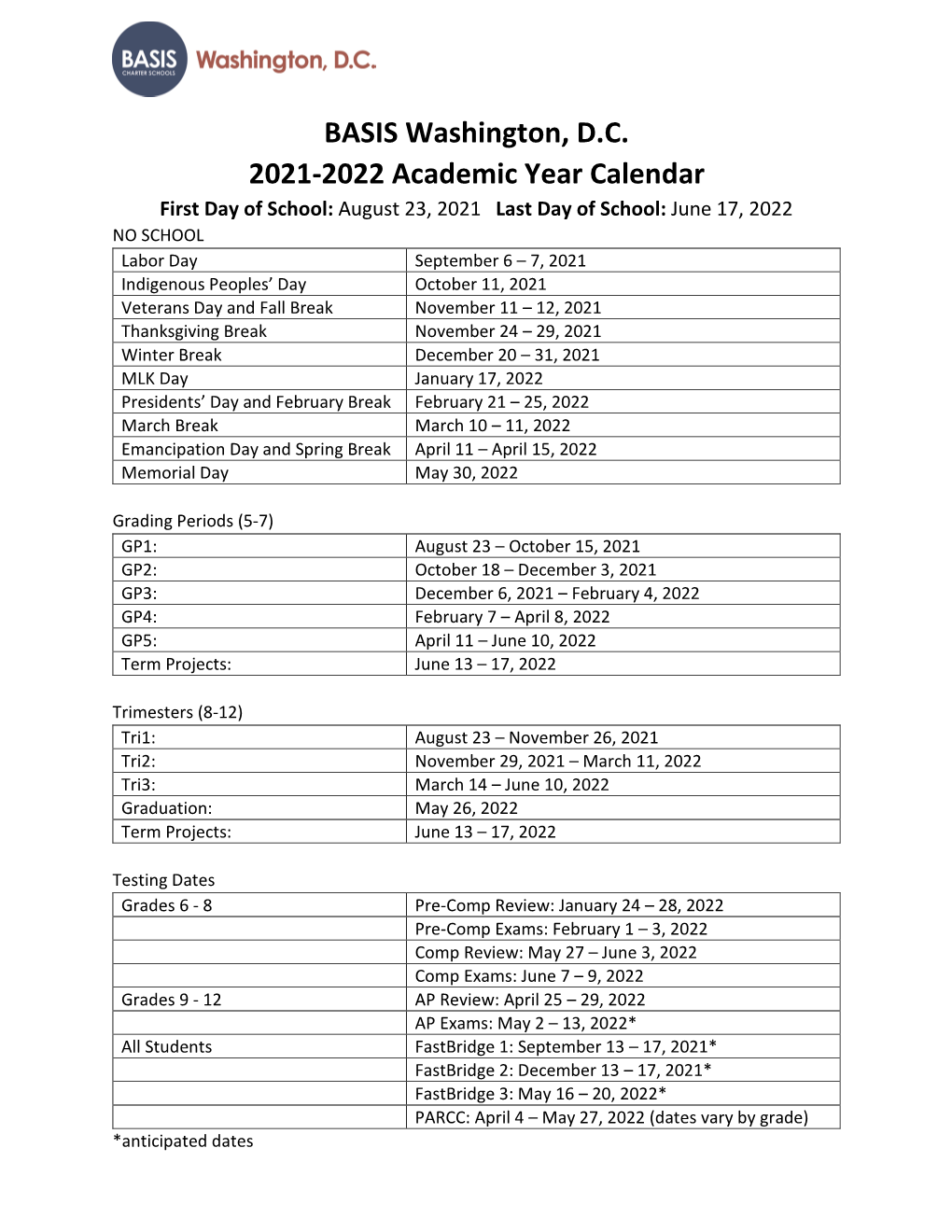 BASIS Washington, DC 2021-2022 Academic Year Calendar