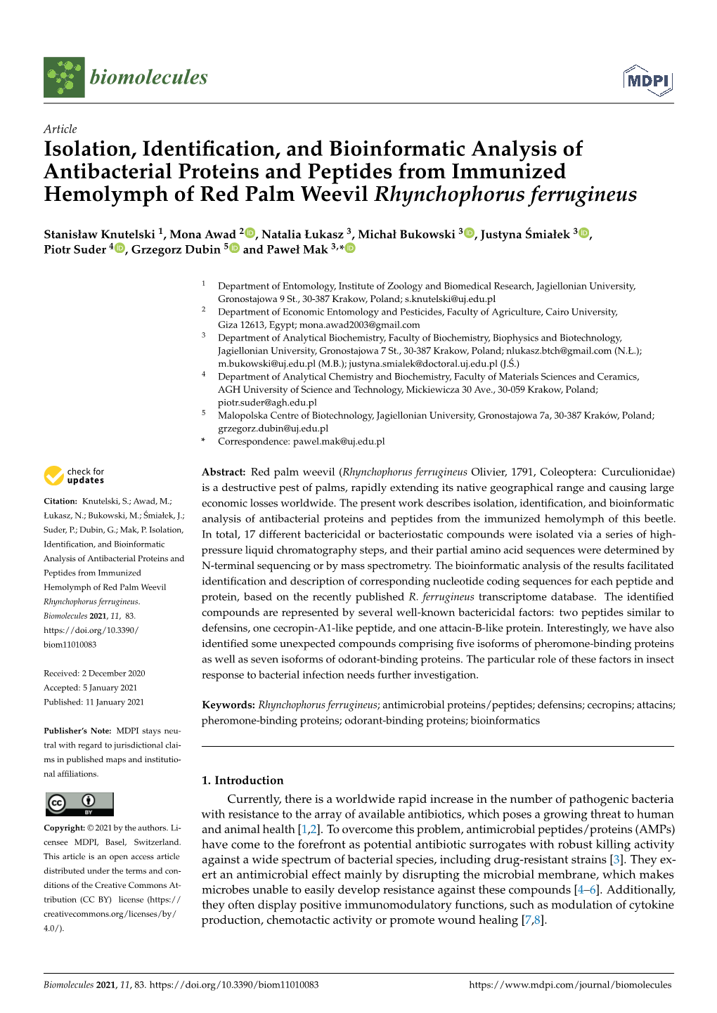 Isolation, Identification, and Bioinformatic Analysis of Antibacterial Proteins and Peptides from Immunized Hemolymph of Red