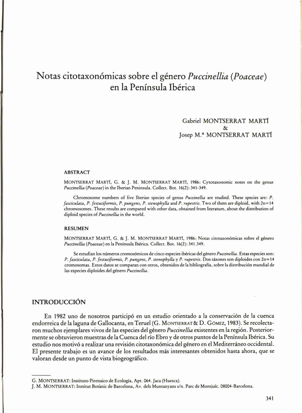 Notas Citotaxonómicas Sobre El Género Puccinellia (Poaceae) En La Península Ibérica