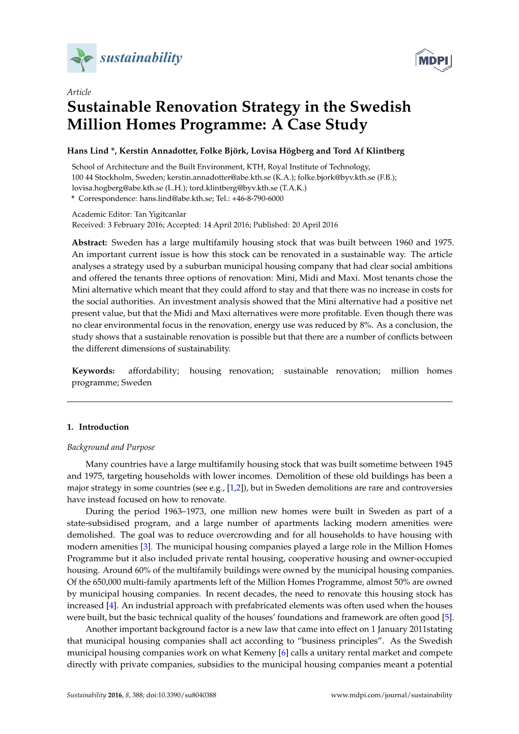 Sustainable Renovation Strategy in the Swedish Million Homes Programme: a Case Study