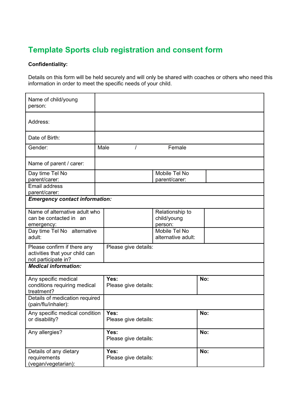 NSPCC the Child Protection in Sport Unit - Sports Club Registration and Consent Form