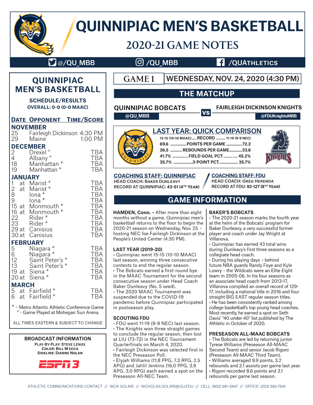 Quinnipiac Men's Basketball Page 1/1 Combined Team Statistics As of Mar 05, 2020 All Games