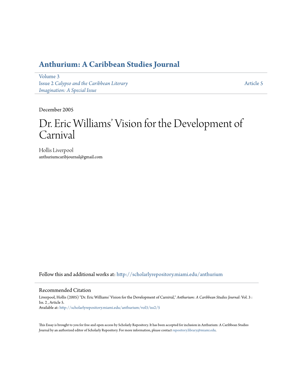 Dr. Eric Williamsâ•Ž Vision for the Development of Carnival