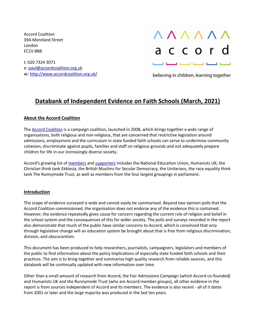 Databank of Independent Evidence on Faith Schools (March, 2021)
