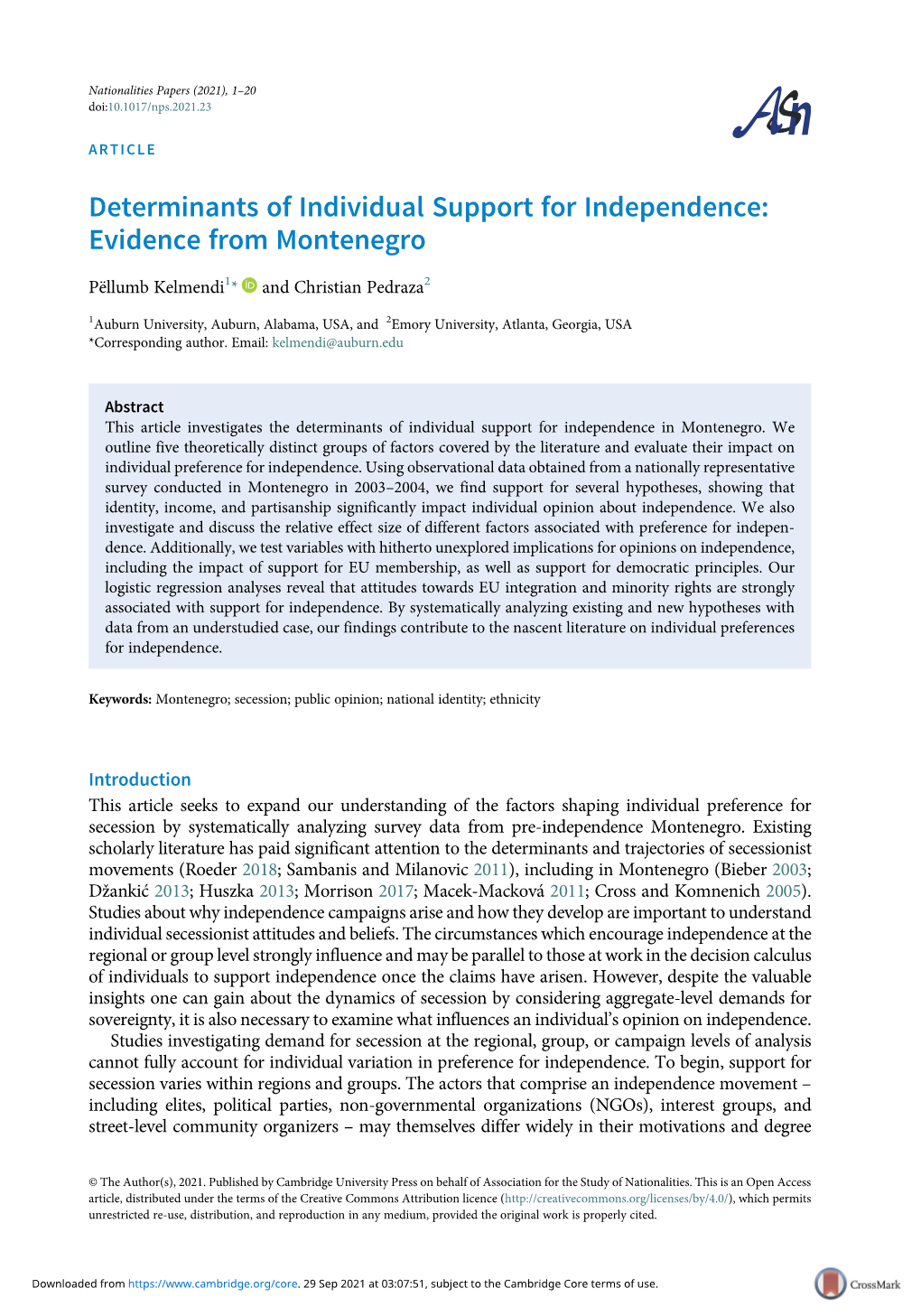 Determinants of Individual Support for Independence: Evidence from Montenegro