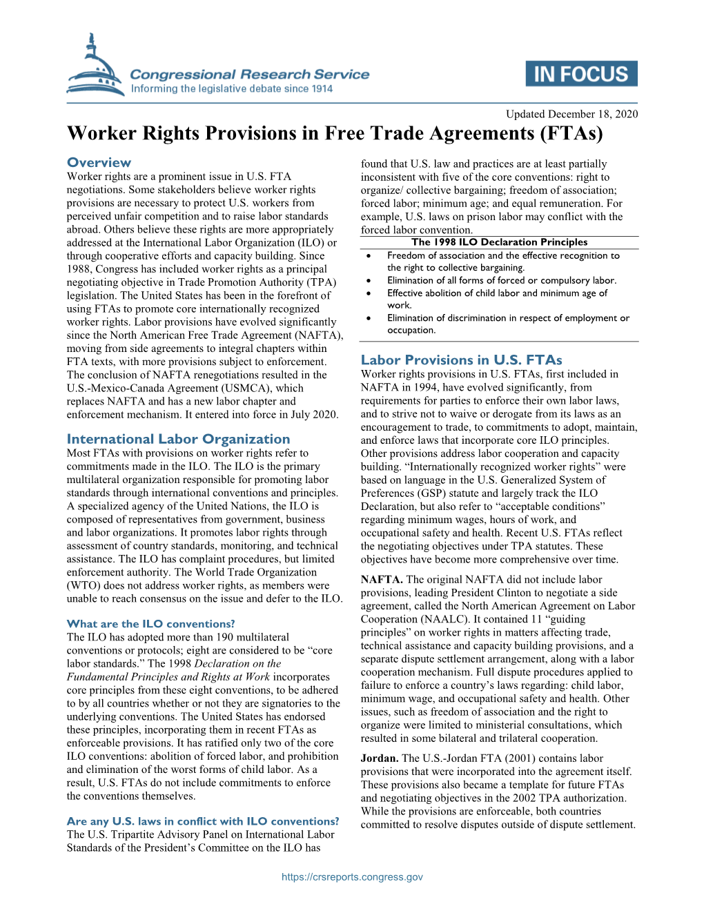 Worker Rights Provisions in Free Trade Agreements (Ftas)