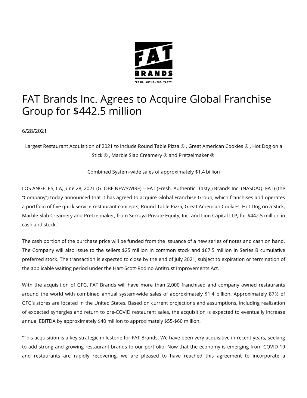 FAT Brands Inc. Agrees to Acquire Global Franchise Group for $442.5 Million