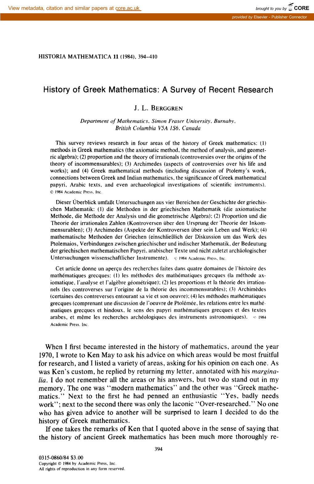 History of Greek Mathematics: a Survey of Recent Research