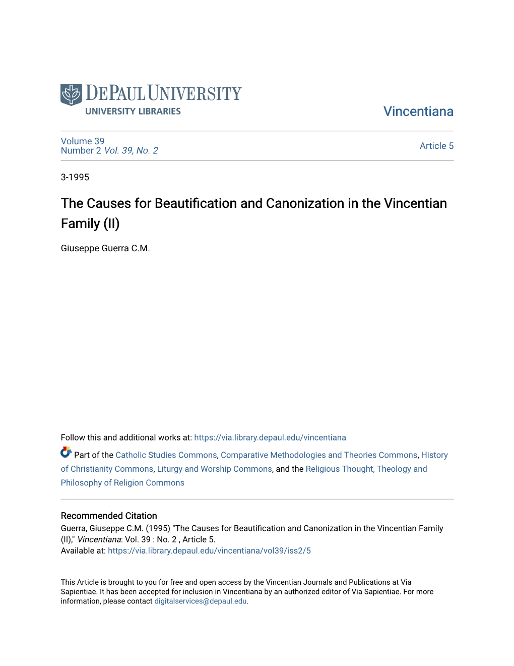 The Causes for Beautification and Canonization in the Vincentian Family (II)