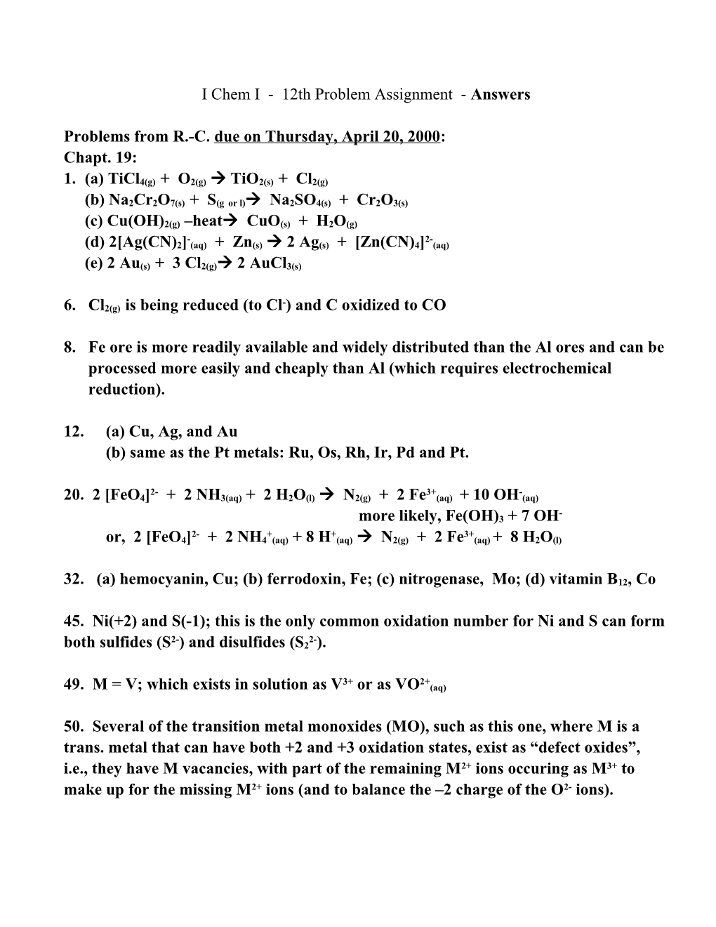 I Chem I - 12Th Problem Assignment - Answers