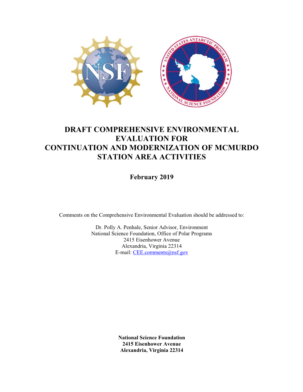 Draft Comprehensive Environmental Evaluation for Continuation and Modernization of Mcmurdo Station Area Activities