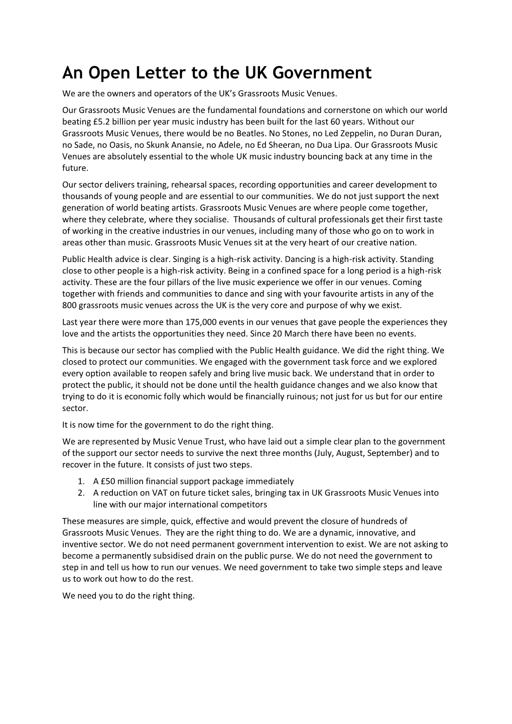 An Open Letter to the UK Government We Are the Owners and Operators of the UK’S Grassroots Music Venues