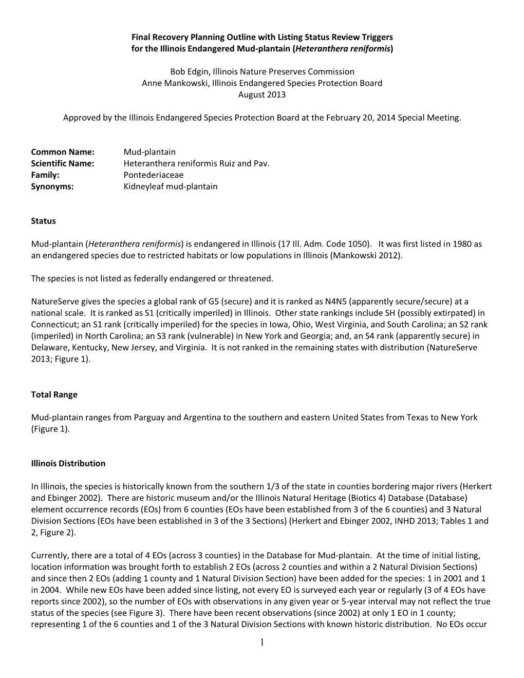 Recovery Outline with Status Review Triggers for Heteranthera Reniformis