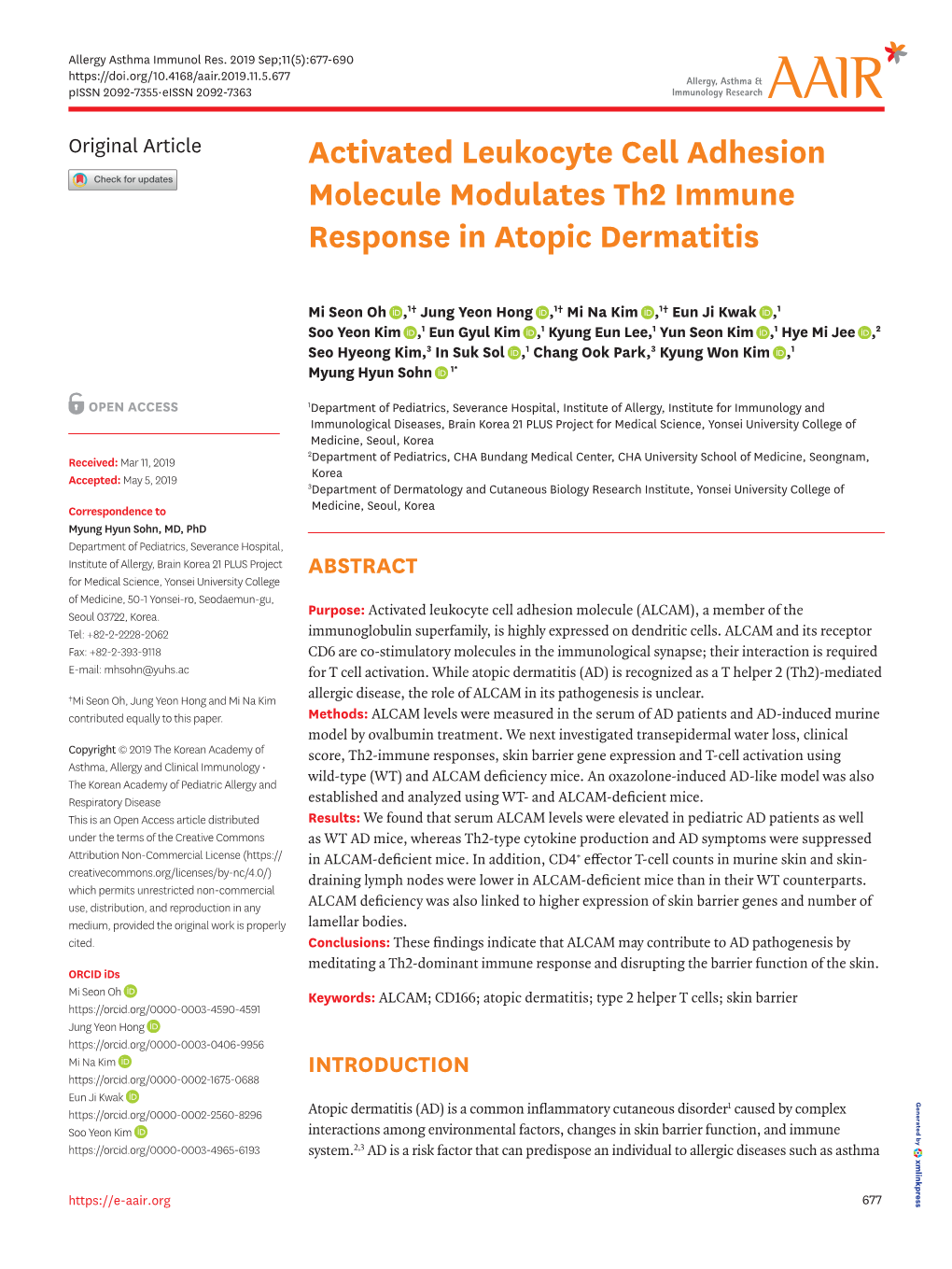 Activated Leukocyte Cell Adhesion Molecule Modulates Th2 Immune Response in Atopic Dermatitis