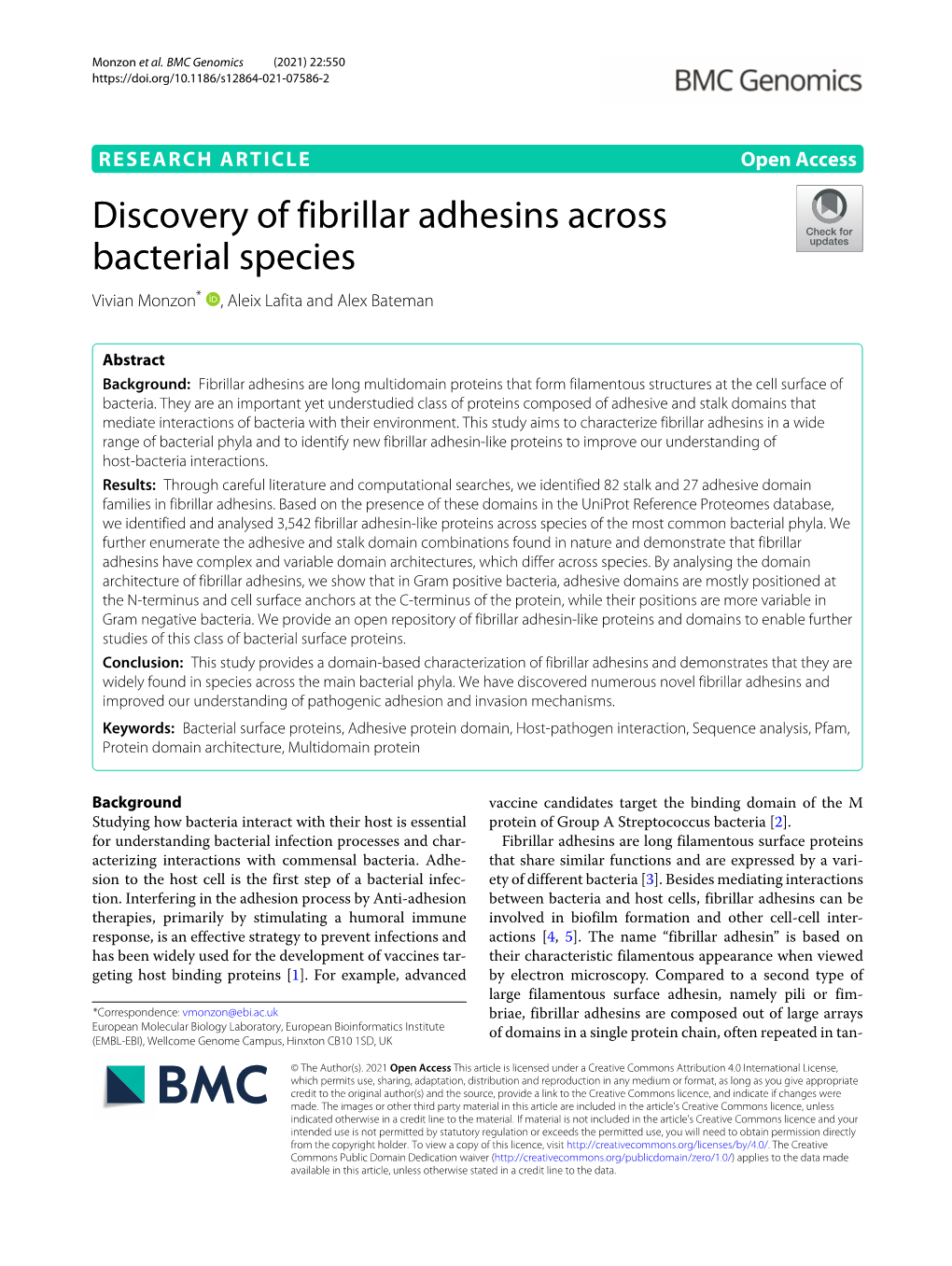 Discovery of Fibrillar Adhesins Across Bacterial Species Vivian Monzon* , Aleix Lafita and Alex Bateman