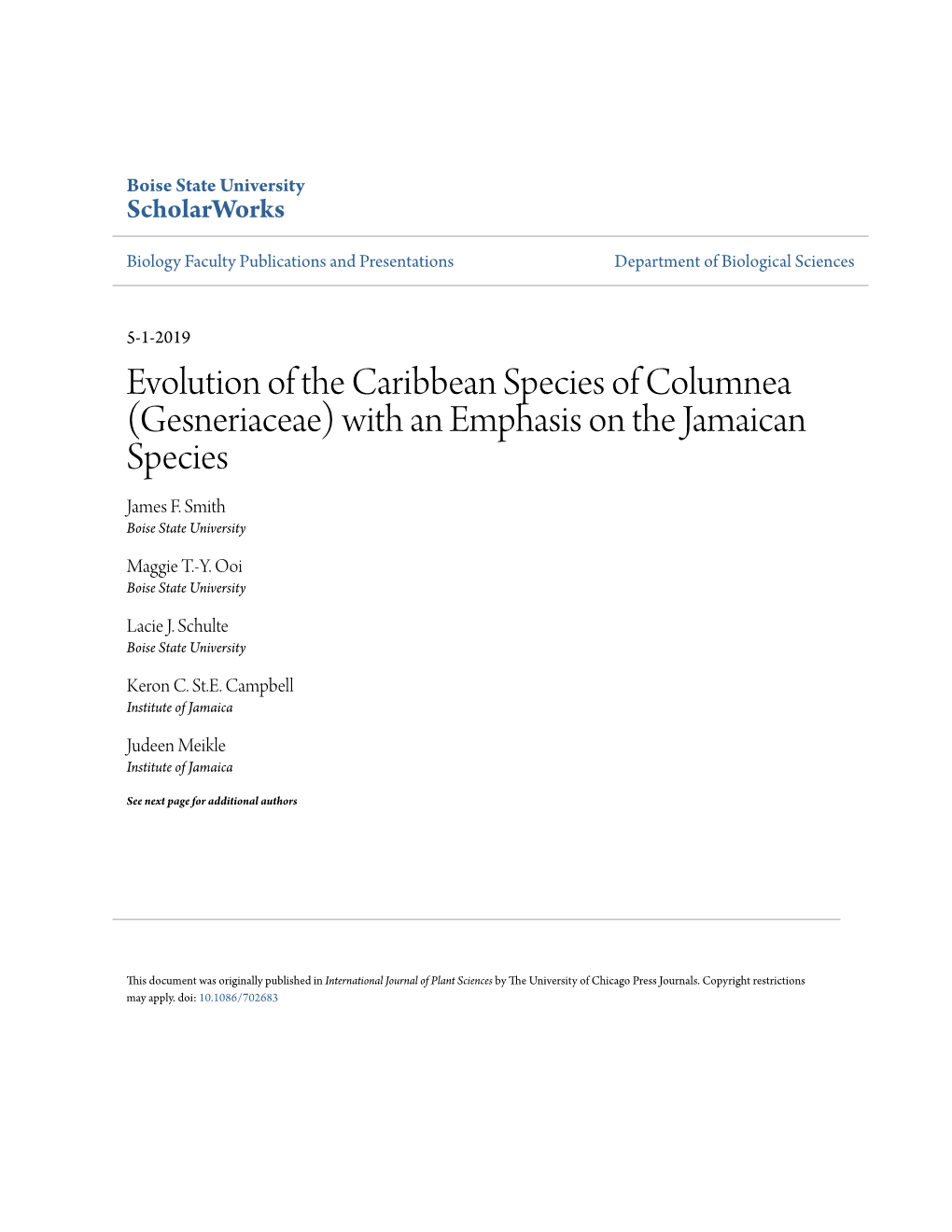 Evolution of the Caribbean Species of Columnea (Gesneriaceae) with an Emphasis on the Jamaican Species James F