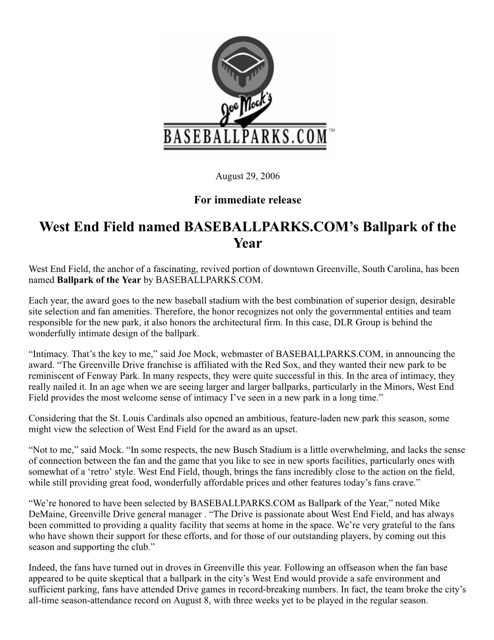 West End Field Named BASEBALLPARKS.COM's Ballpark of the Year