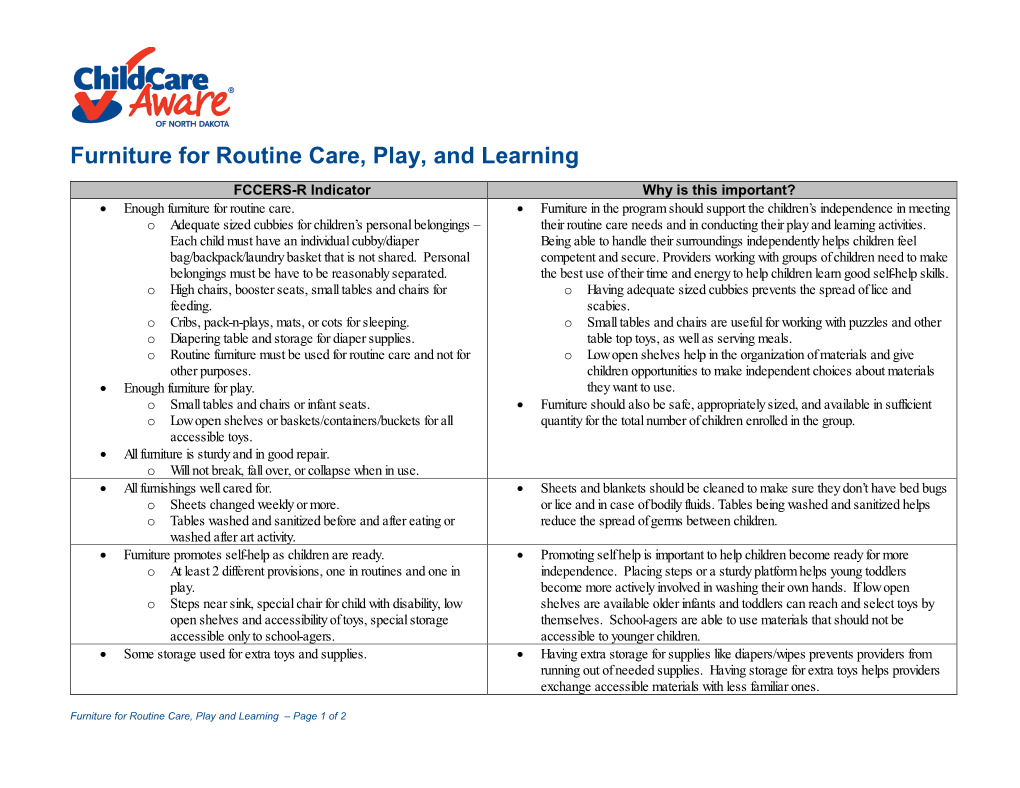 Furniture for Routine Care, Play, and Learning FCCERS-R Indicator Why Is This Important? • Enough Furniture for Routine Care