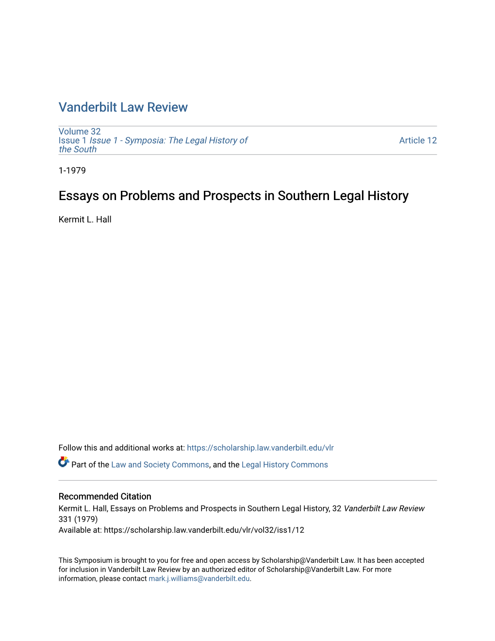 Essays on Problems and Prospects in Southern Legal History