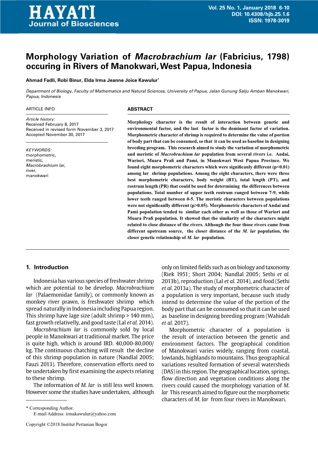 Morphology Variation of Macrobrachium Lar (Fabricius, 1798) Occuring in Rivers of Manokwari, West Papua, Indonesia