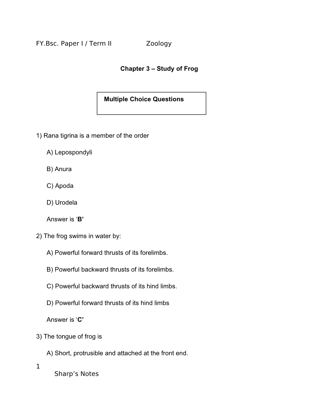 FY.Bsc. Paper I / Term II Zoology Chapter 3 – Study of Frog 1) Rana