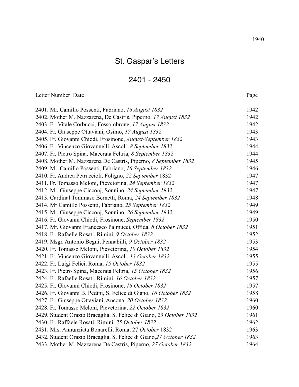 St. Gaspar's Letters 2401