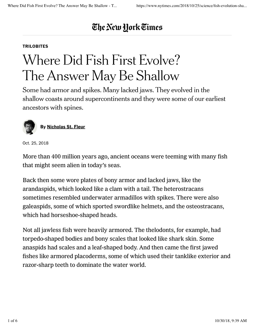 Where Did Fish First Evolve? the Answer May Be Shallow - T