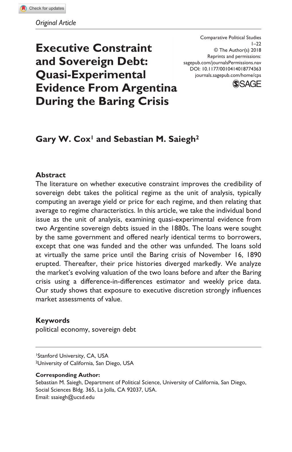 Executive Constraint and Sovereign Debt: Quasi-Experimental Evidence from Argentina During the Baring Crisis