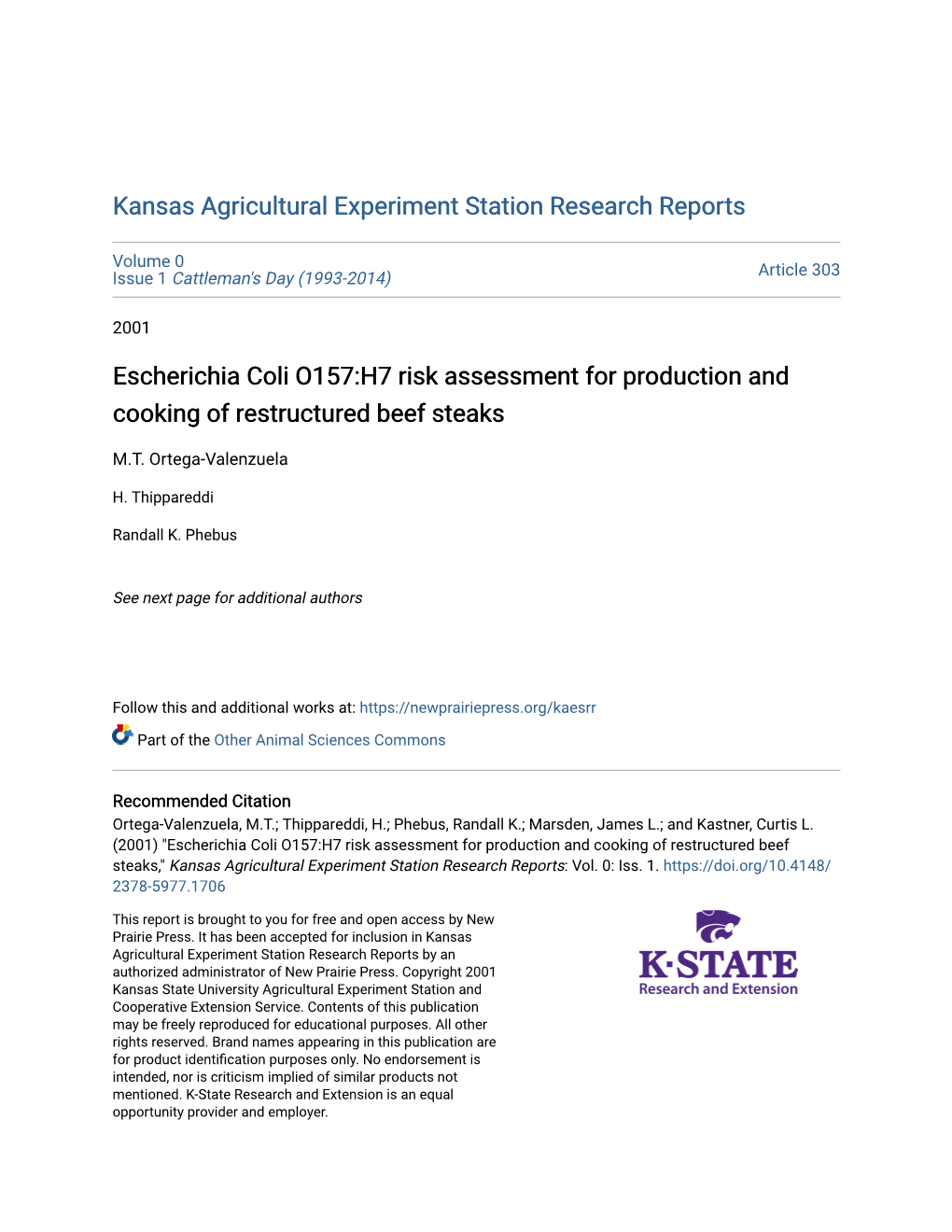 Escherichia Coli O157:H7 Risk Assessment for Production and Cooking of Restructured Beef Steaks