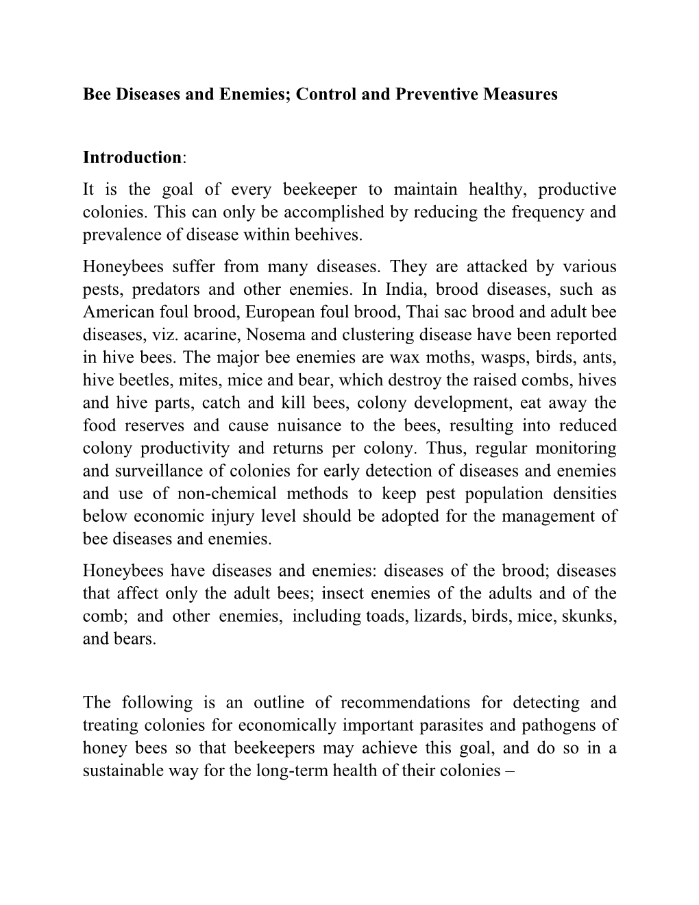 Bee Diseases and Enemies; Control and Preventive Measures Introduction