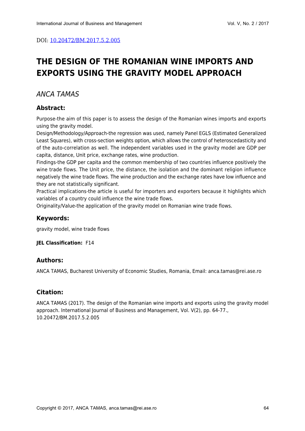 The Design of the Romanian Wine Imports and Exports Using the Gravity Model Approach