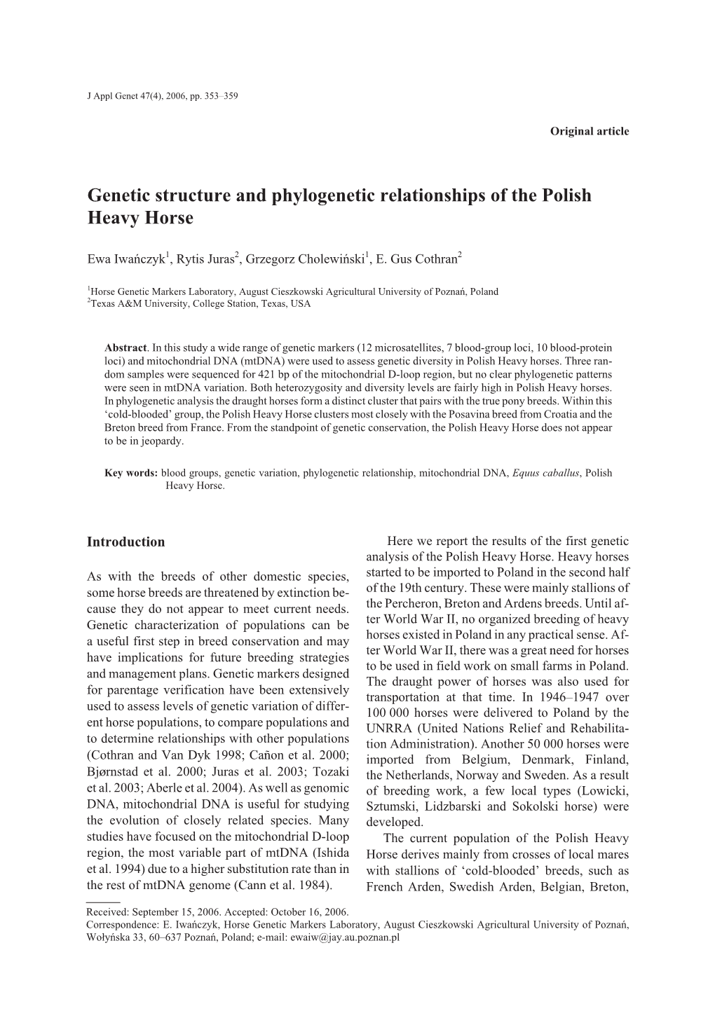 Genetic Structure and Phylogenetic Relationships of the Polish Heavy Horse