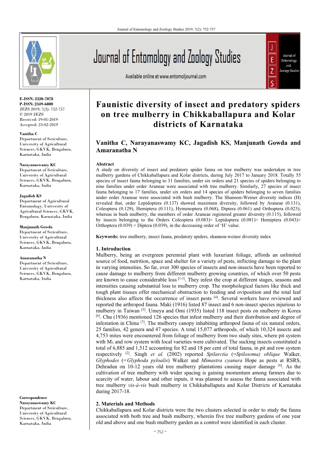 Faunistic Diversity of Insect and Predatory Spiders on Tree Mulberry