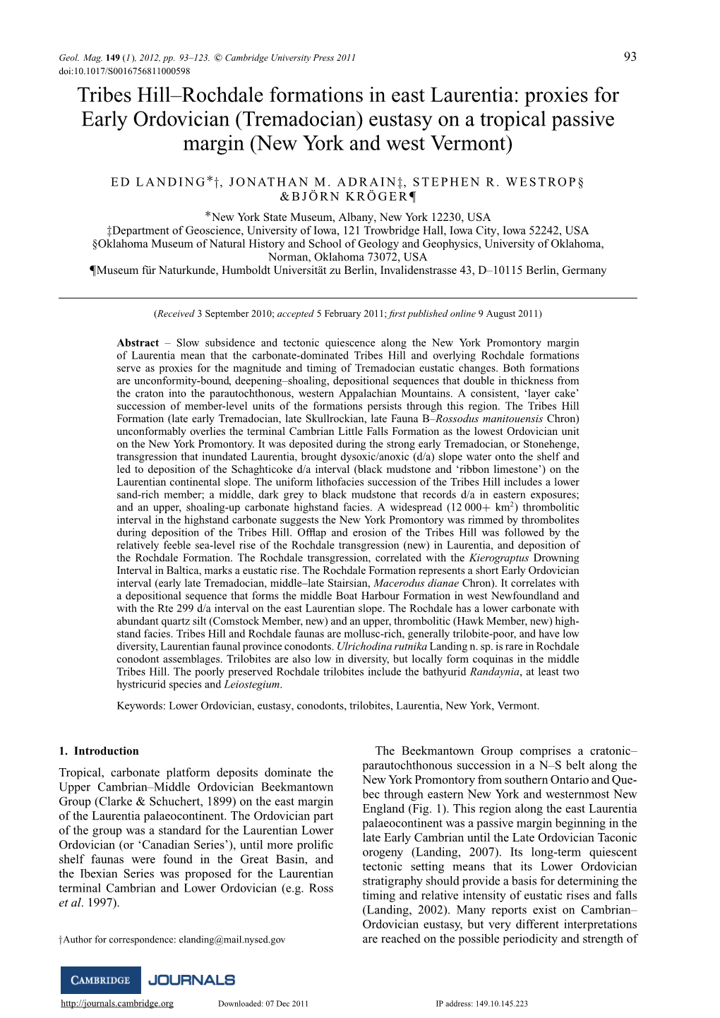 Tremadocian) Eustasy on a Tropical Passive Margin (New York and West Vermont)