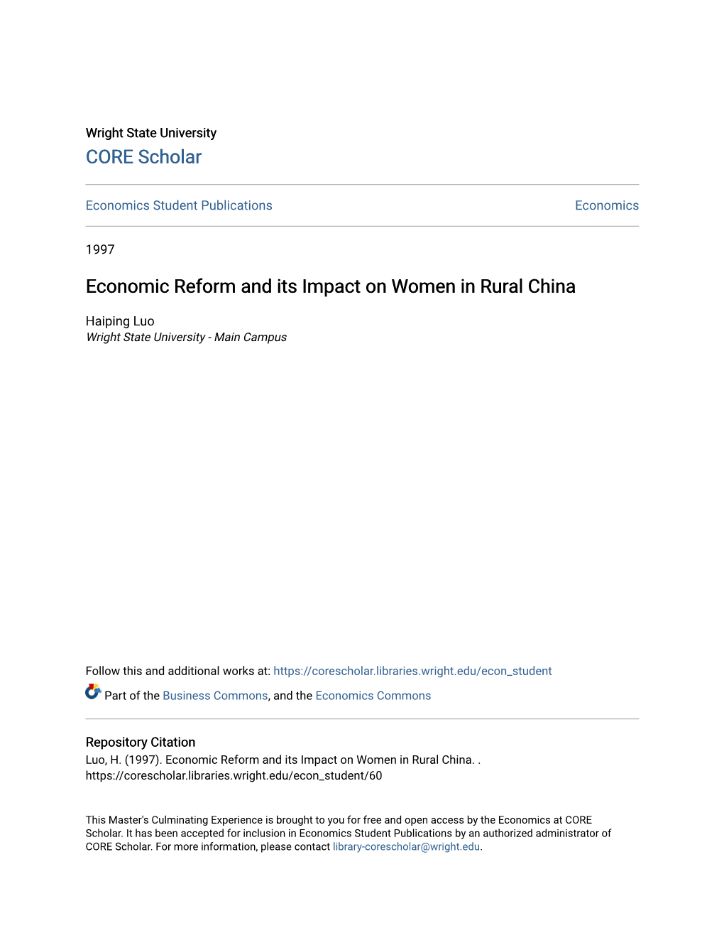 Economic Reform and Its Impact on Women in Rural China