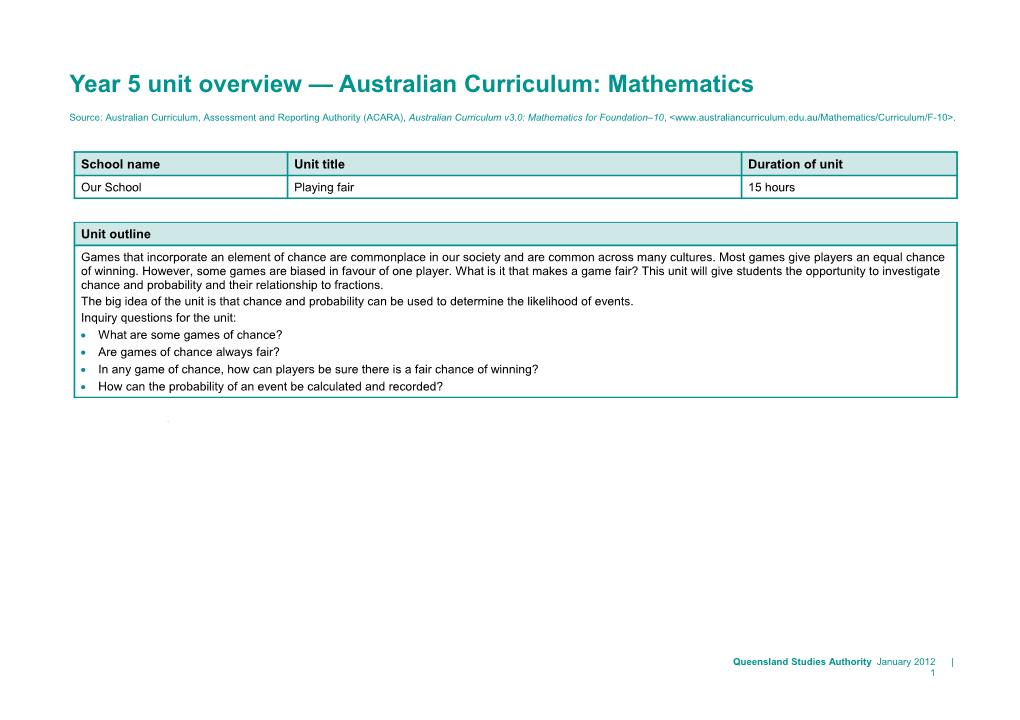 Year 5 Unit Overview Australian Curriculum: Mathematics