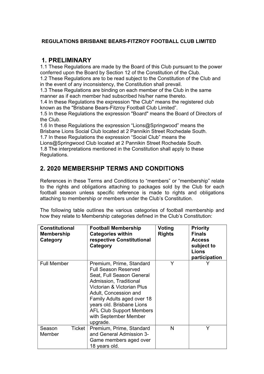 1. Preliminary 2. 2020 Membership Terms And