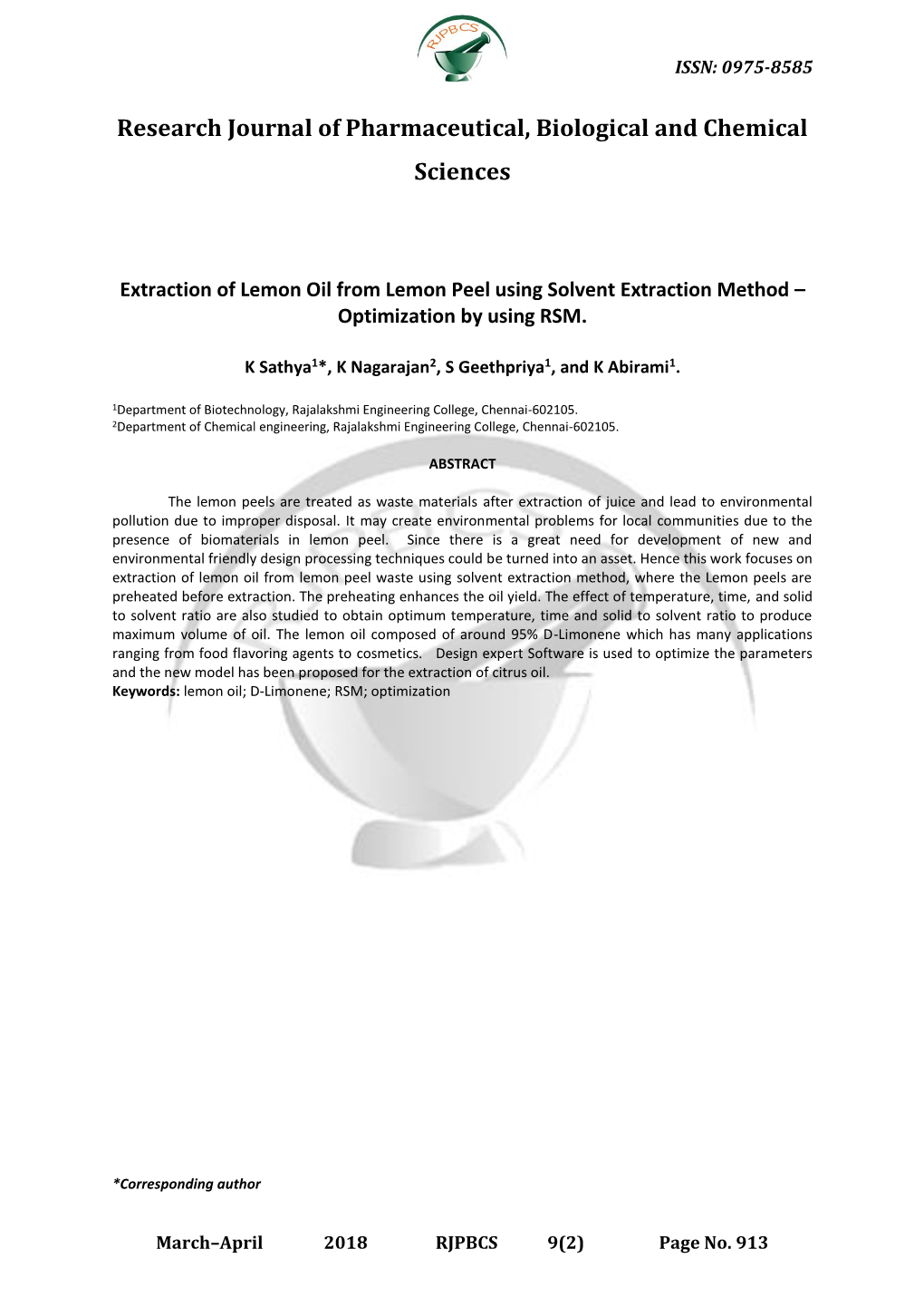 Research Journal of Pharmaceutical, Biological and Chemical Sciences