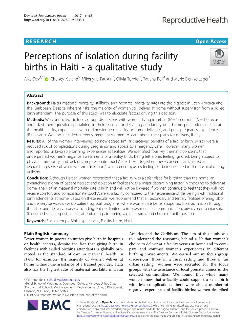 Perceptions of Isolation During Facility Births in Haiti