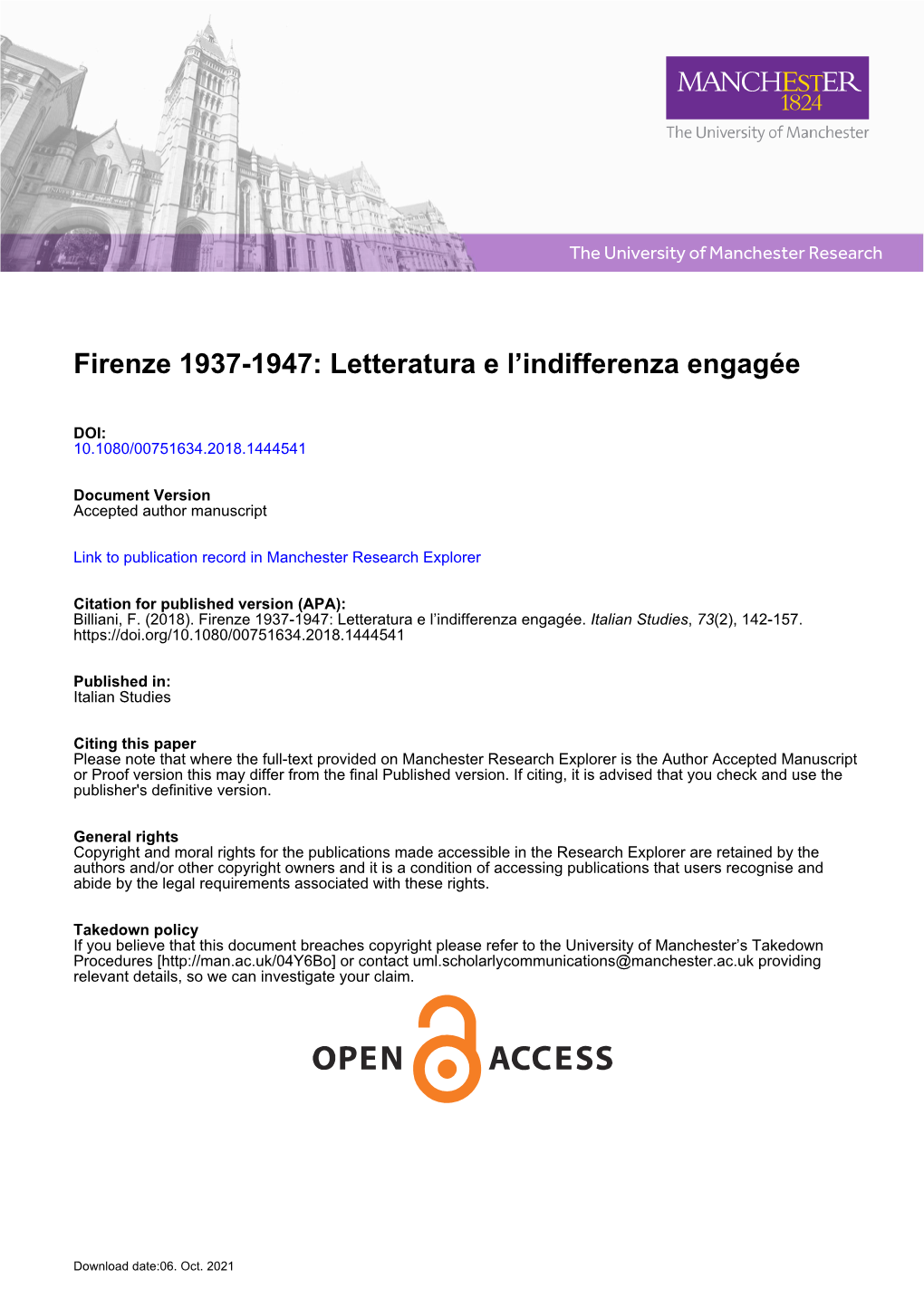 Firenze 1937-1947: Letteratura E L’Indifferenza Engagée