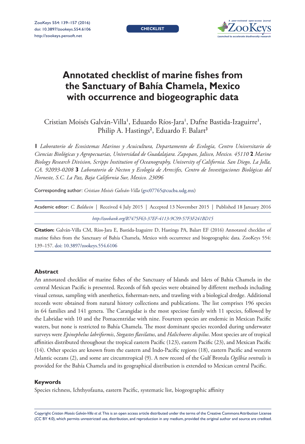 Annotated Checklist of Marine Fishes from the Sanctuary of Bahía Chamela, Mexico with Occurrence and Biogeographic Data