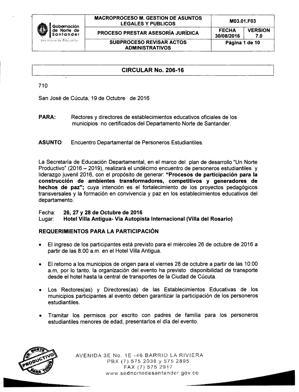 CIRCULAR No. 206-16 710 San José De Cúcuta, 19 De Octubre De 2016