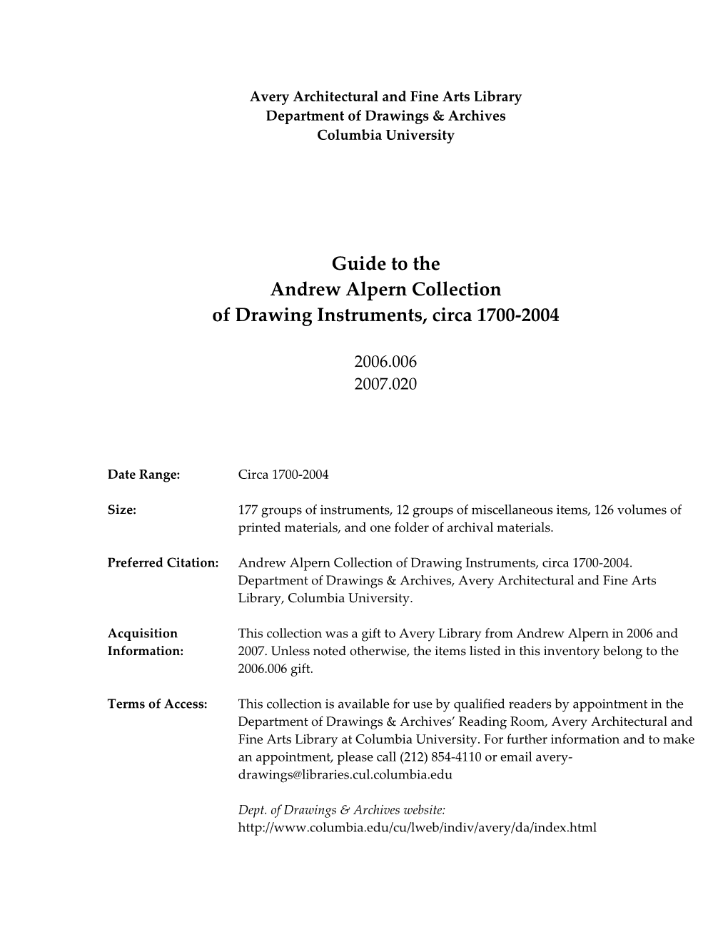 Guide to the Andrew Alpern Collection of Drawing Instruments, Circa 1700‐2004