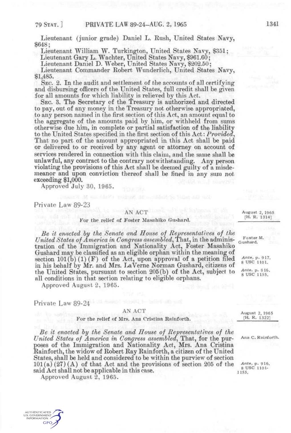 PRIVATE LAW 89-24-AUG. 2, 1965 1341 Lieutenant (Junior Grade