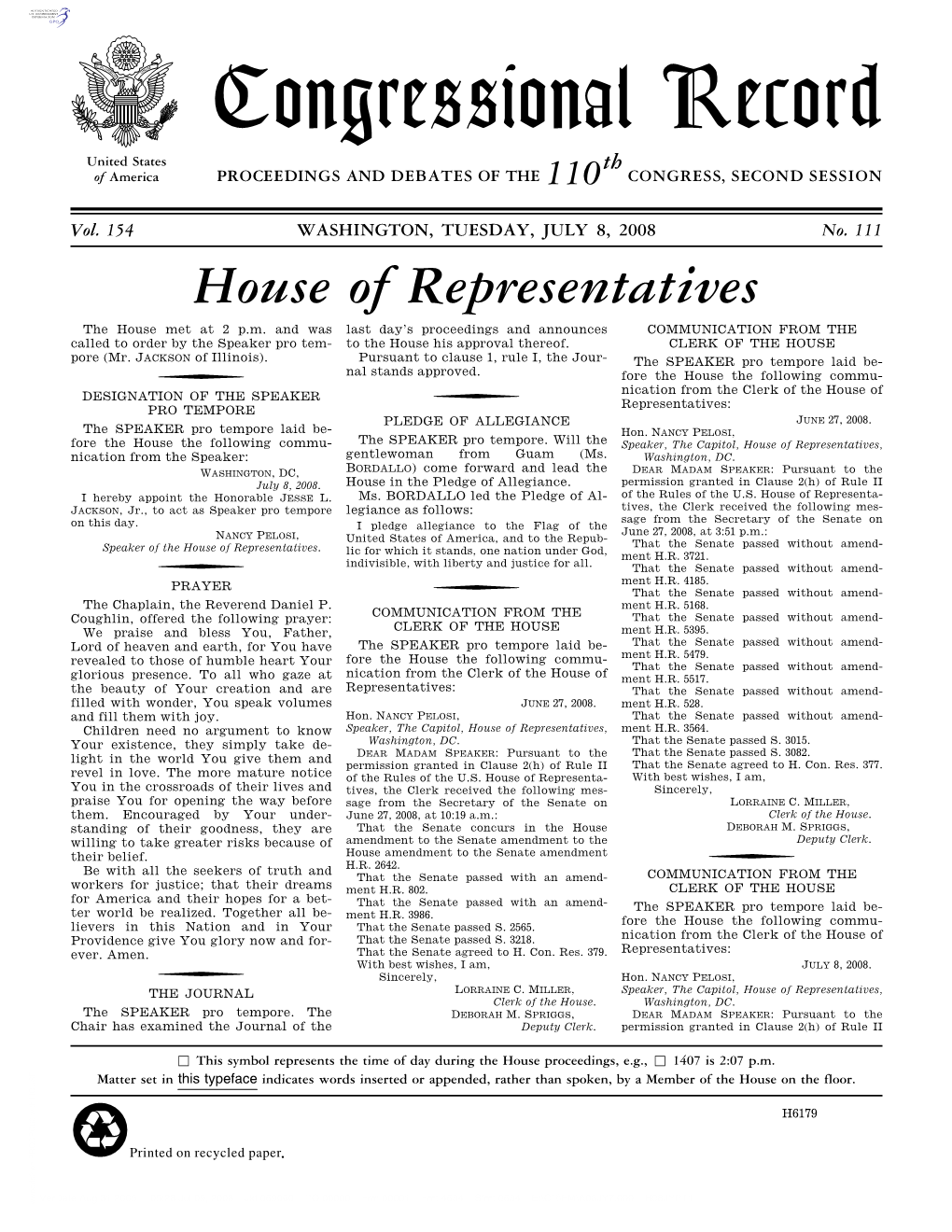 Congressional Record United States Th of America PROCEEDINGS and DEBATES of the 110 CONGRESS, SECOND SESSION