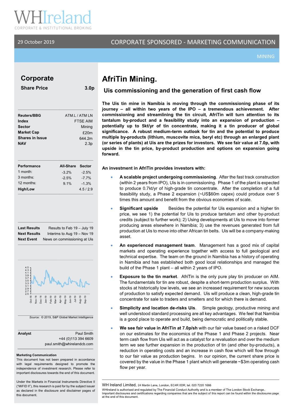 Afritin Mining. Share Price 3.0P Uis Commissioning and the Generation of First Cash Flow
