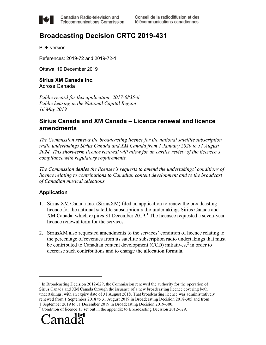 Sirius Canada and XM Canada – Licence Renewal and Licence Amendments