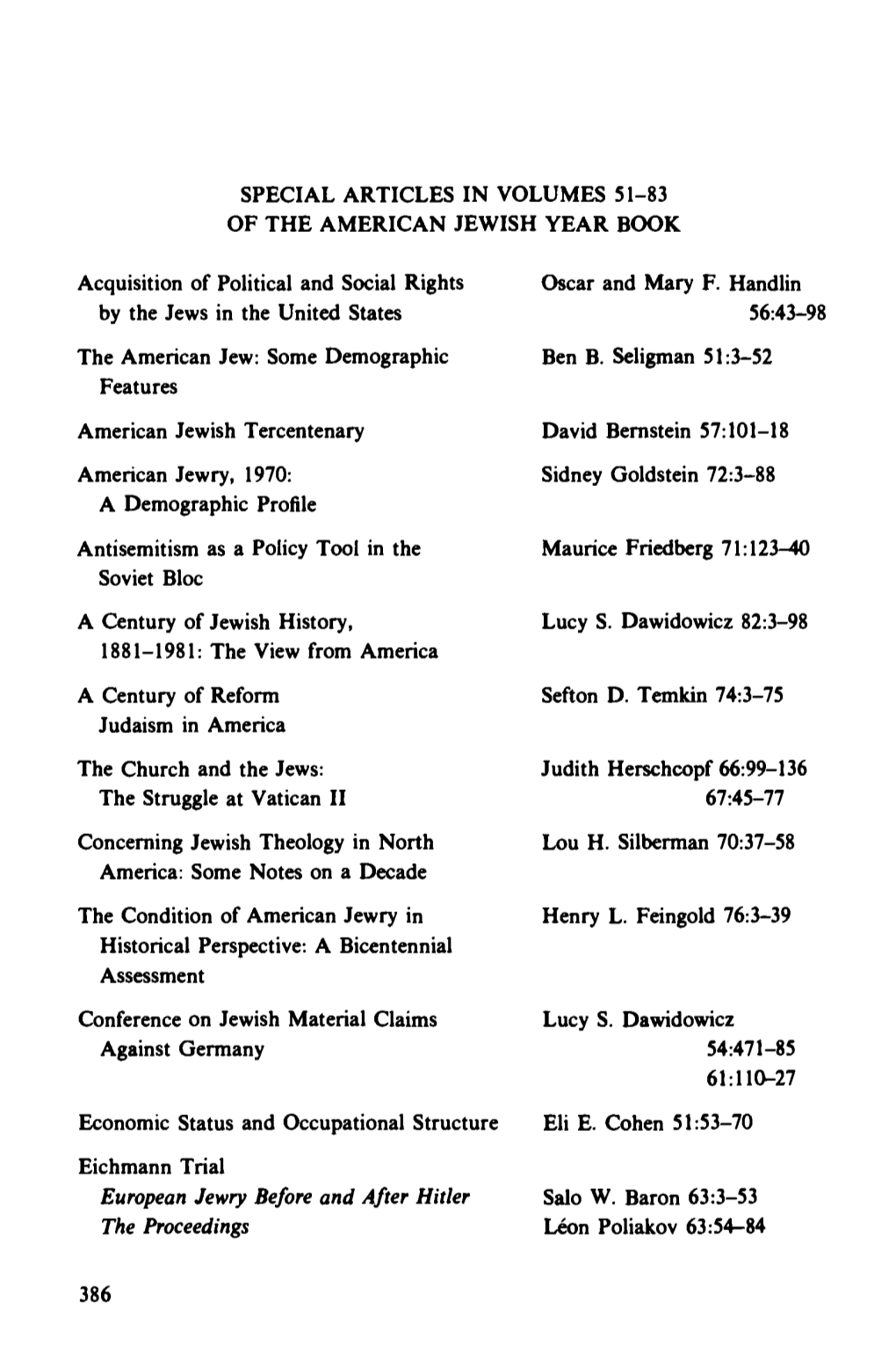Special Articles in Volumes 51-83 of the American Jewish Year Book